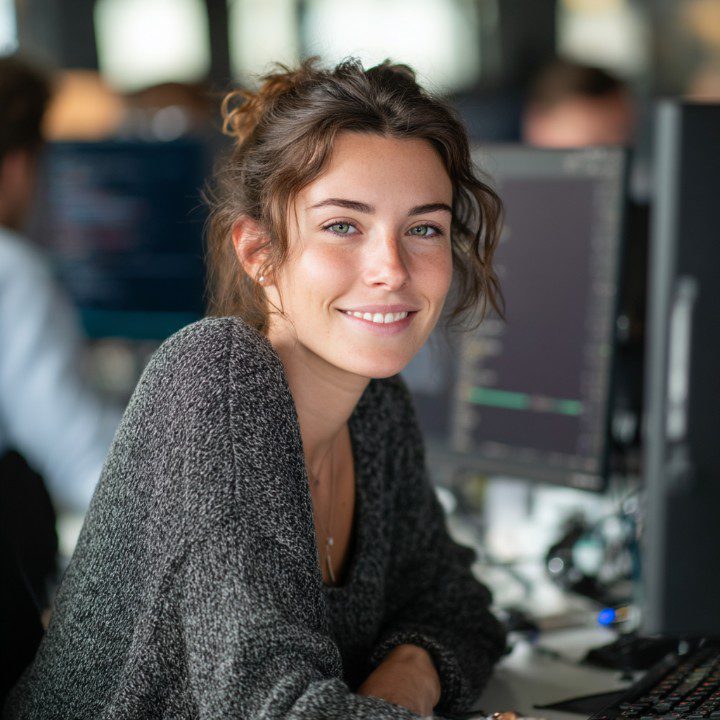 Smiling female software developer working at her computer in a modern tech office environment.