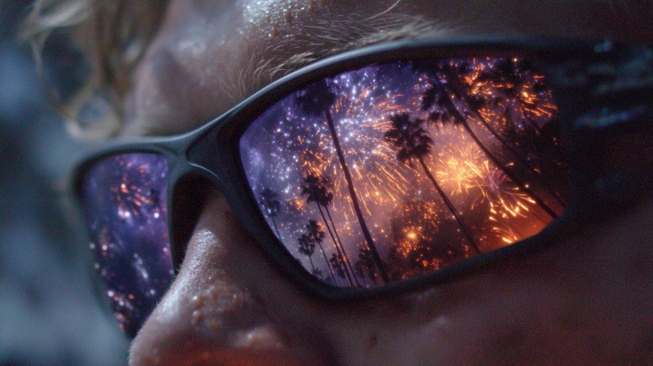 Close-up of colorful fireworks reflecting in a child’s sunglasses with palm trees and night sky in the background.