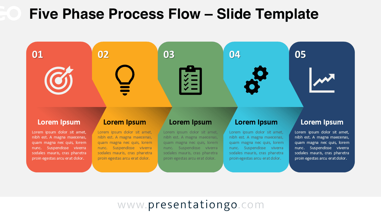 Five-step horizontal process template with icons and light background, designed for PowerPoint and Google Slides presentations.