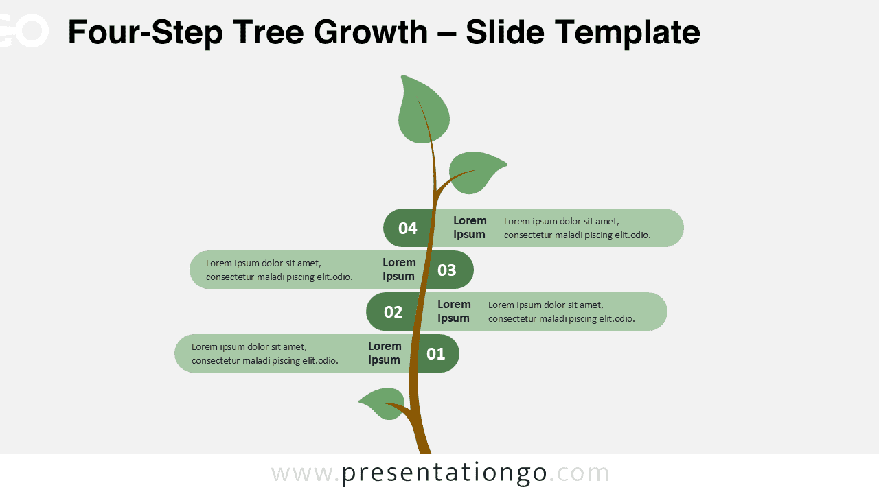 Four-step tree layout with light background, showing sequential growth phases in a natural style for Google Slides and PowerPoint.