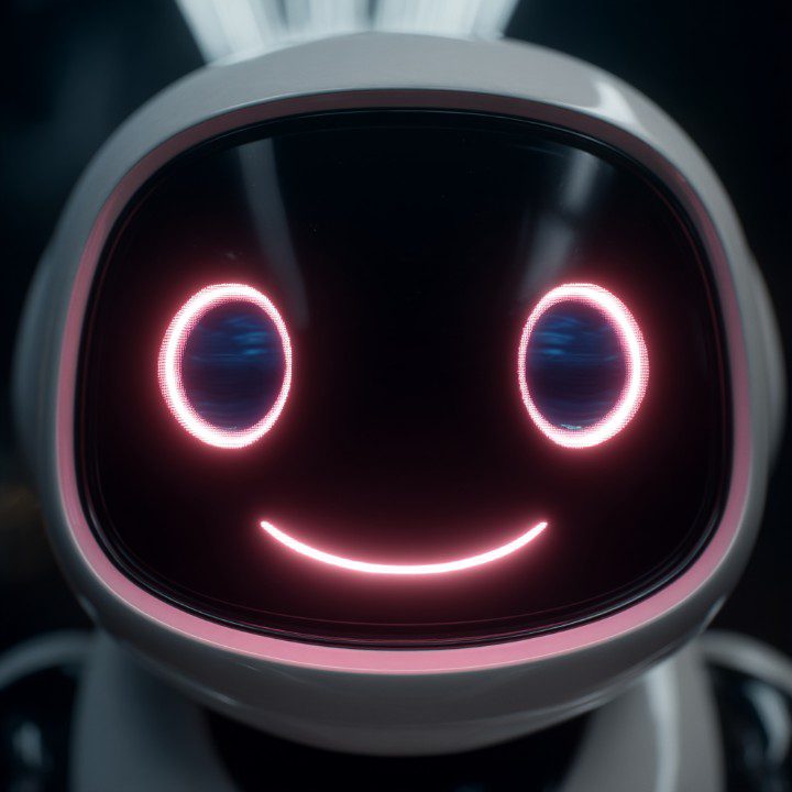 Adorable futuristic robot with pink glowing eyes and smile in a sleek white and black design, symbolizing friendly AI.