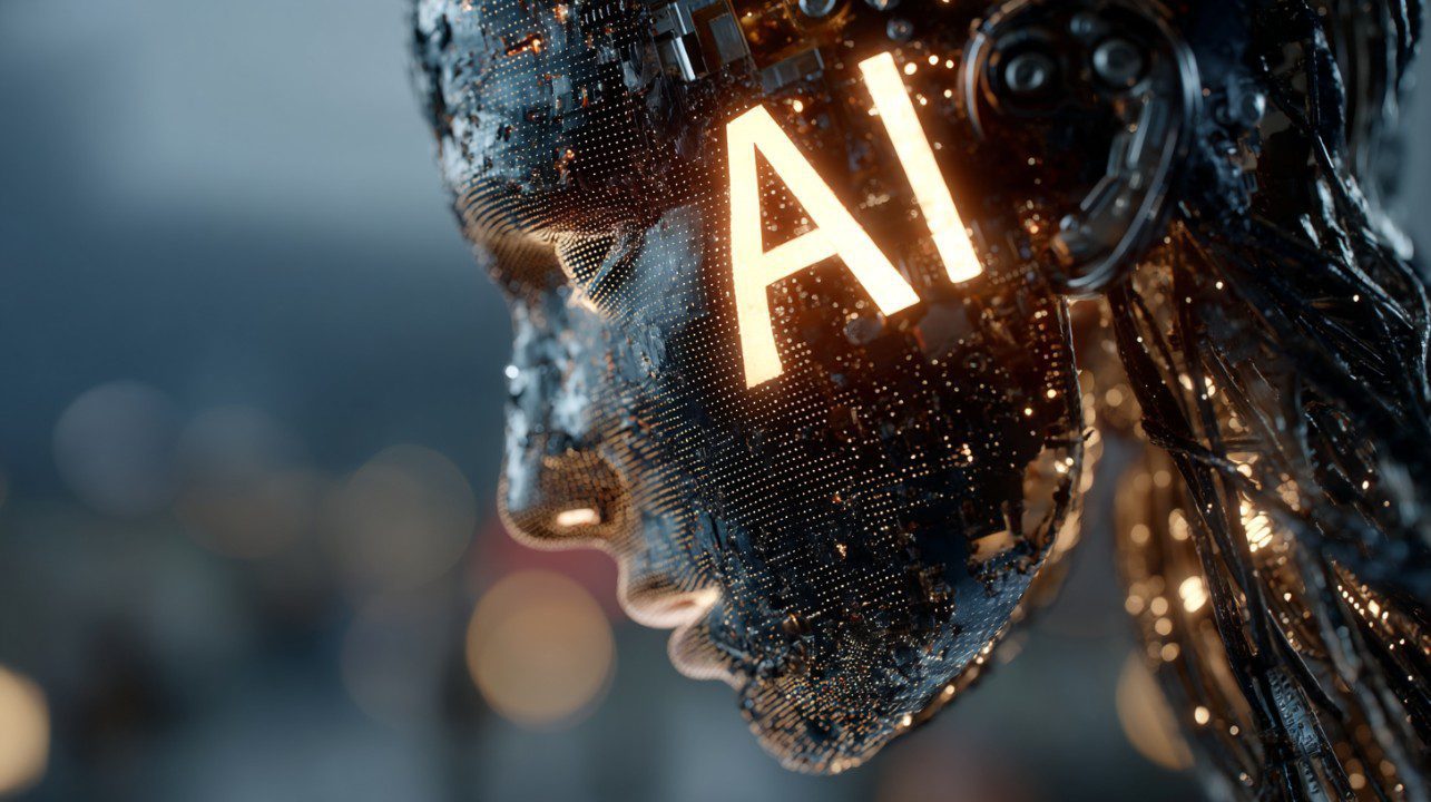 3D close-up of a futuristic AI face with glowing “AI” letters, showcasing high-tech design and digital innovation.