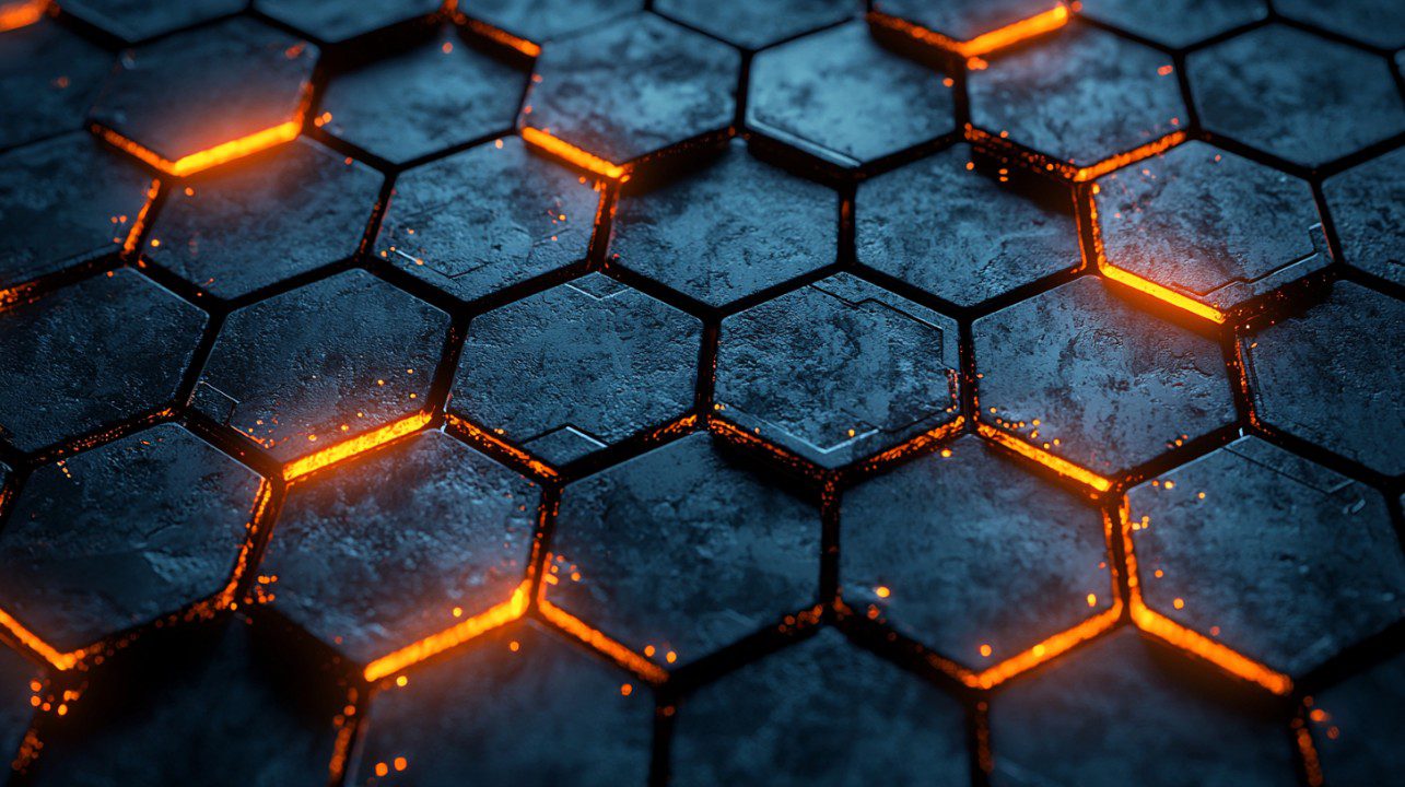 High-tech digital background featuring dark hexagonal tiles with glowing orange seams, perfect for futuristic and sci-fi design themes.