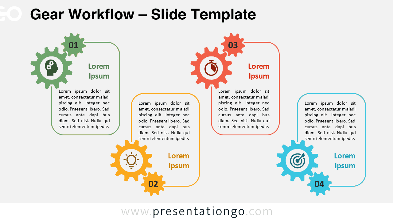 Four-step gear process slide with icons and text on a light background, editable in PowerPoint and Google Slides formats.
