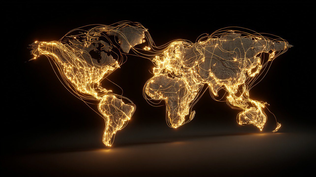 Dark world map with glowing yellow lines illustrating global connectivity and international digital communication.