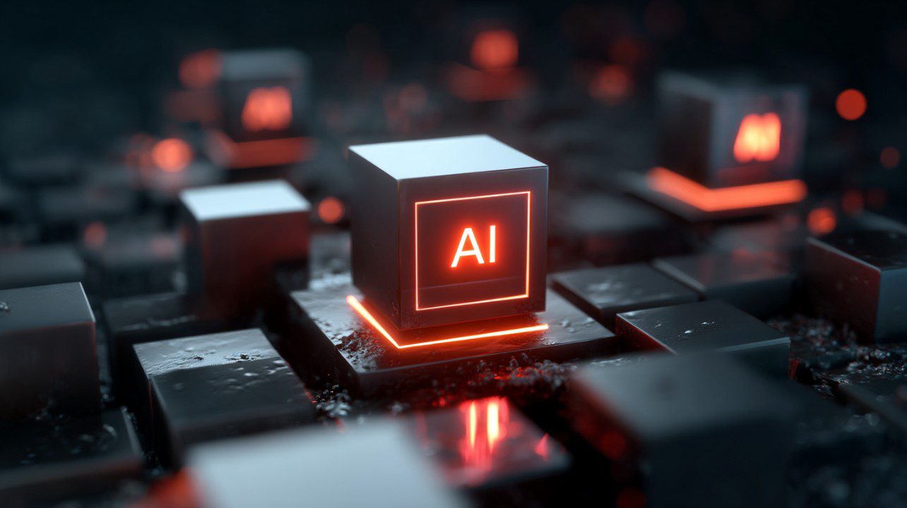 Glowing red AI icon on a black cube surrounded by glossy blocks in a futuristic digital grid.