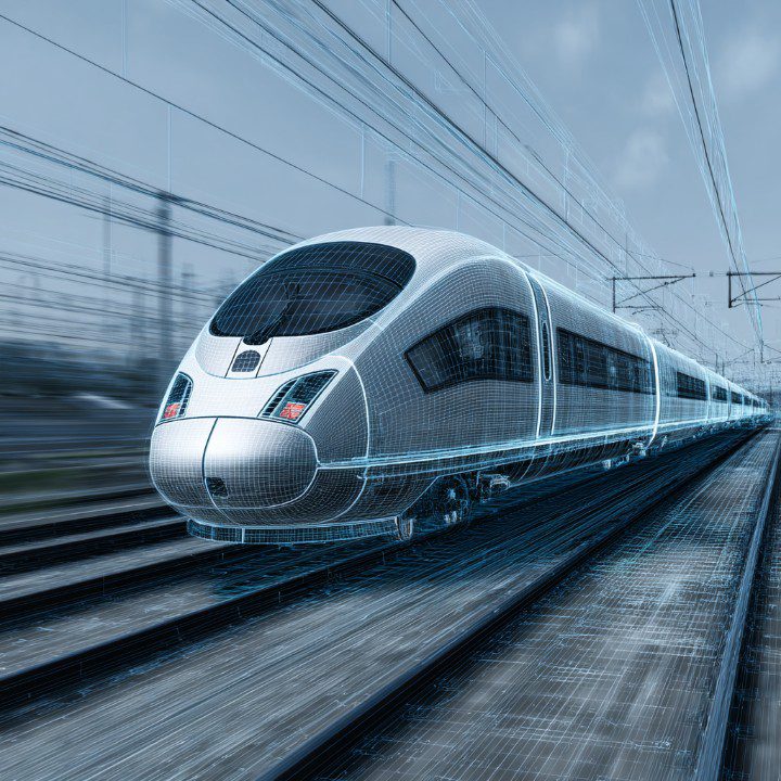 High-speed train in motion with digital wireframe overlay, symbolizing futuristic smart transportation and advanced rail technology.