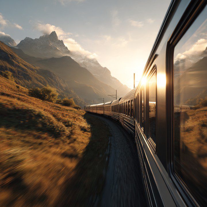 A high-speed train traveling through a scenic mountain range with a glowing sunset in the background, symbolizing modern travel and nature.