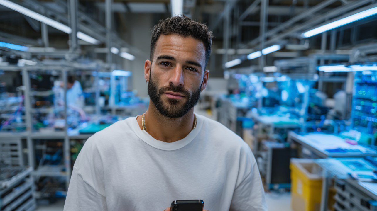 A confident man in a white shirt standing in a brightly lit high-tech manufacturing facility filled with electronics and equipment.