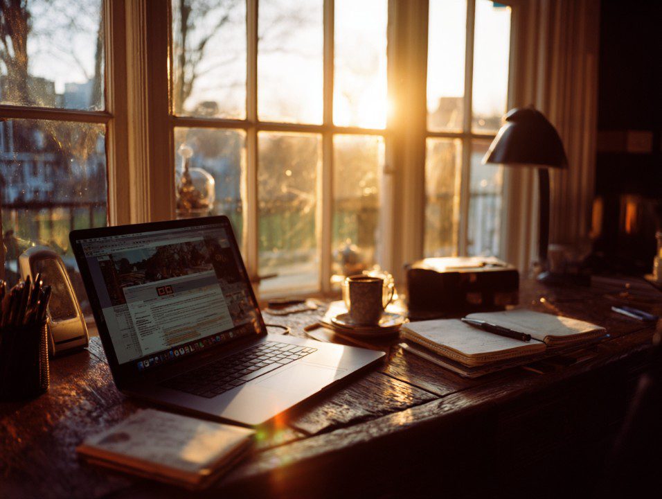 MacBook Pro displaying WordPress on a rustic desk by a window during sunset, surrounded by coffee and notebooks.