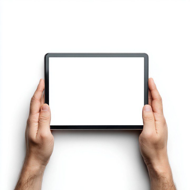 Hands holding a horizontal tablet with a blank white screen, perfect for landscape-oriented digital mockups or web previews.