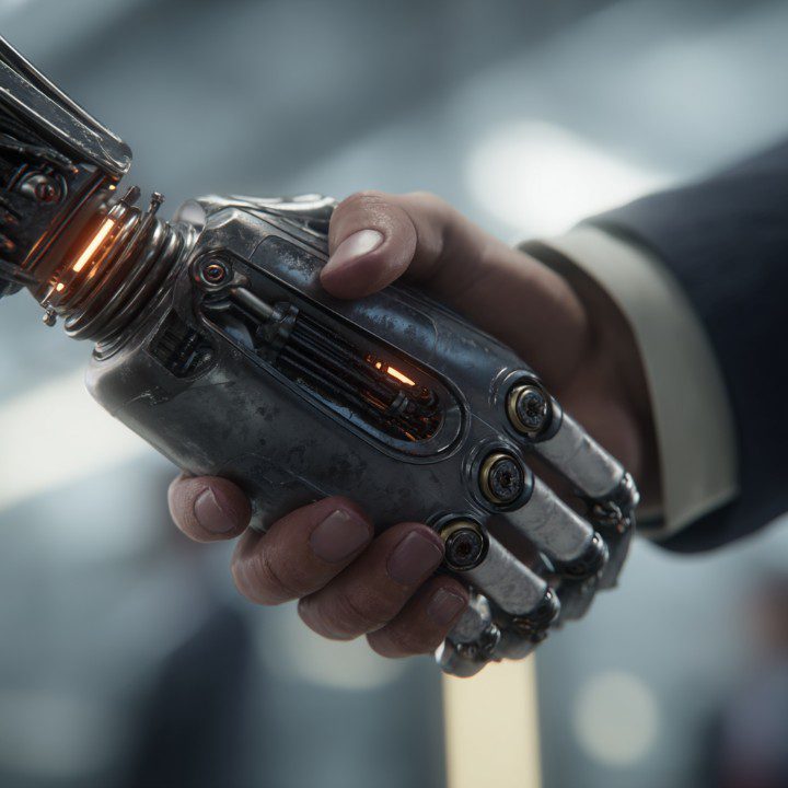 Close-up of a human hand shaking with a robotic hand, symbolizing artificial intelligence integration, partnership, and tech innovation.