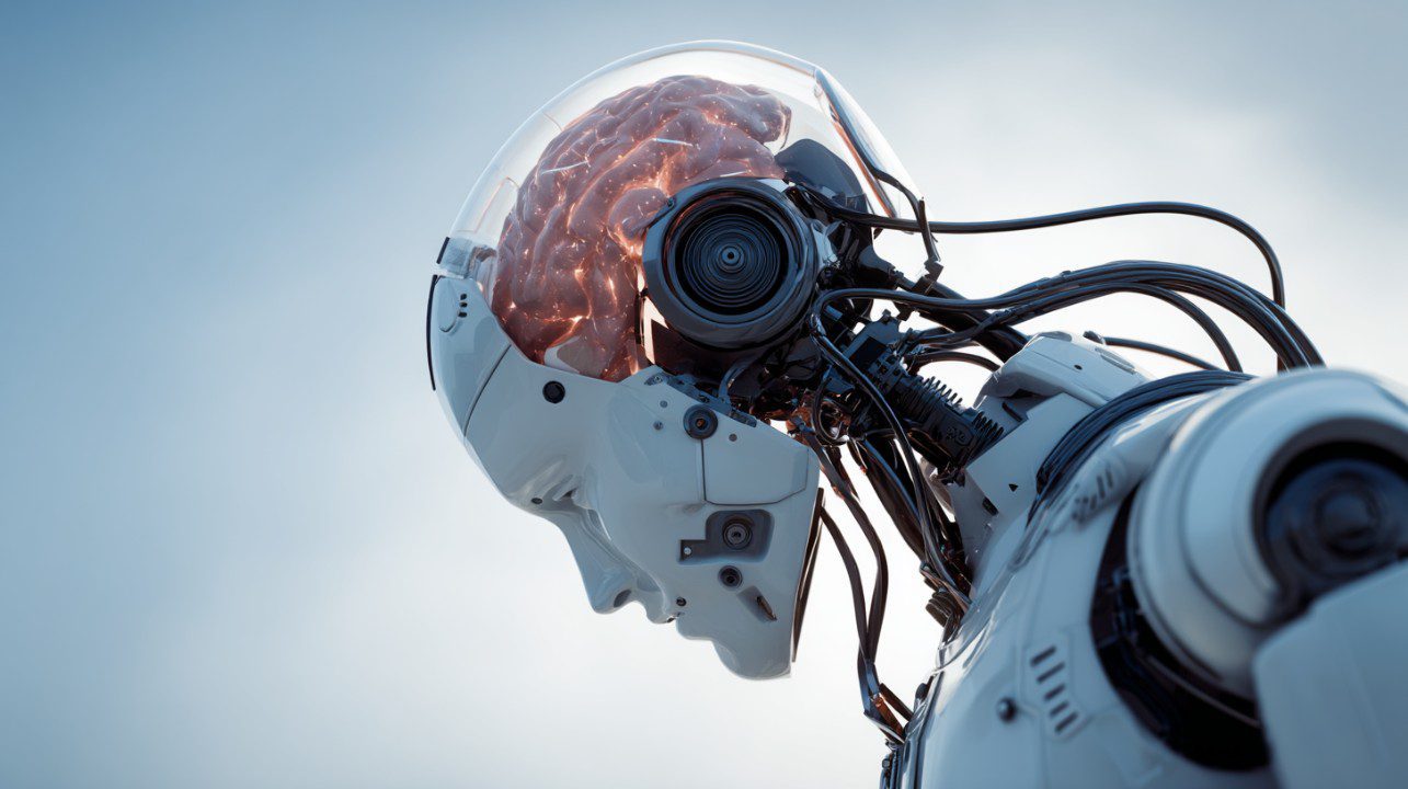 A humanoid robot with an exposed brain and detailed wiring, symbolizing the merging of artificial intelligence and neural technology.
