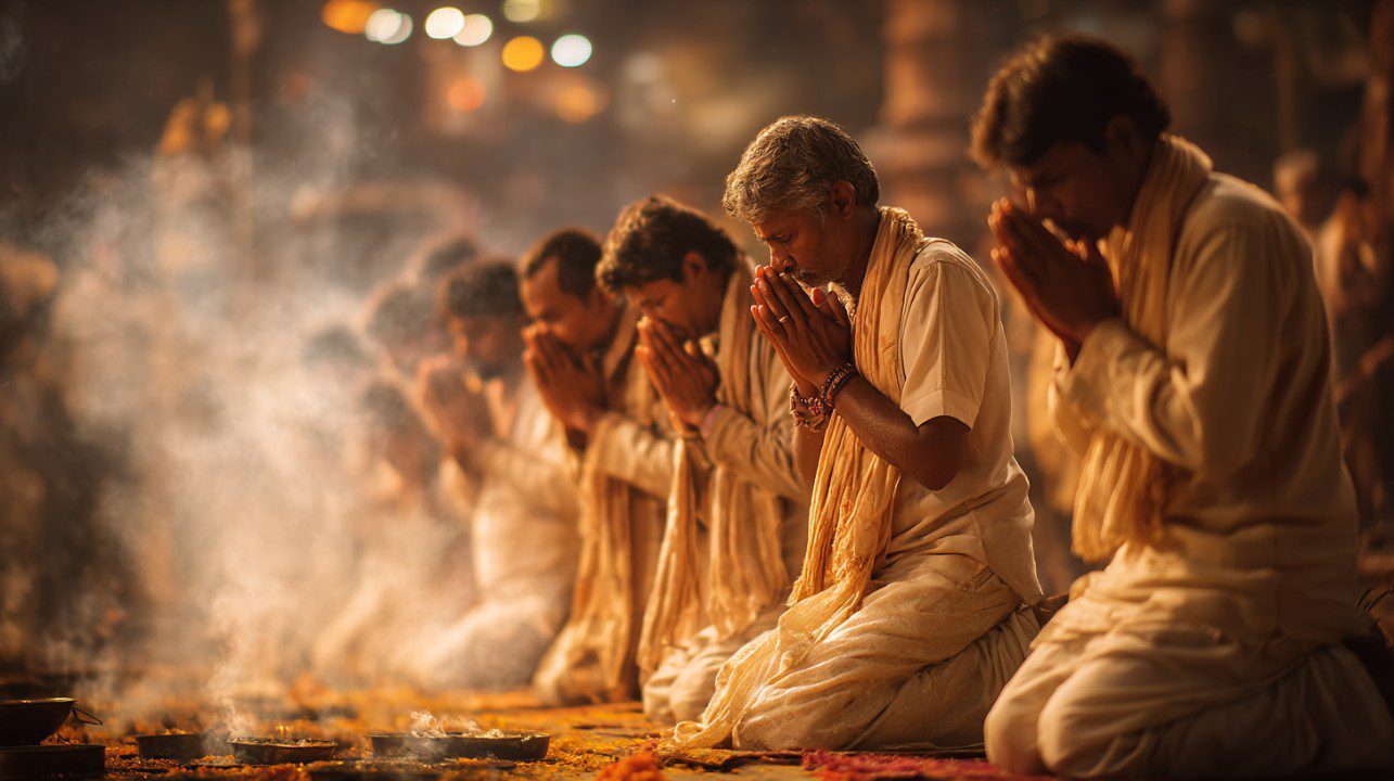 Group of Indian men kneeling in prayer during a spiritual ceremony, surrounded by smoke and light, wearing traditional clothing.