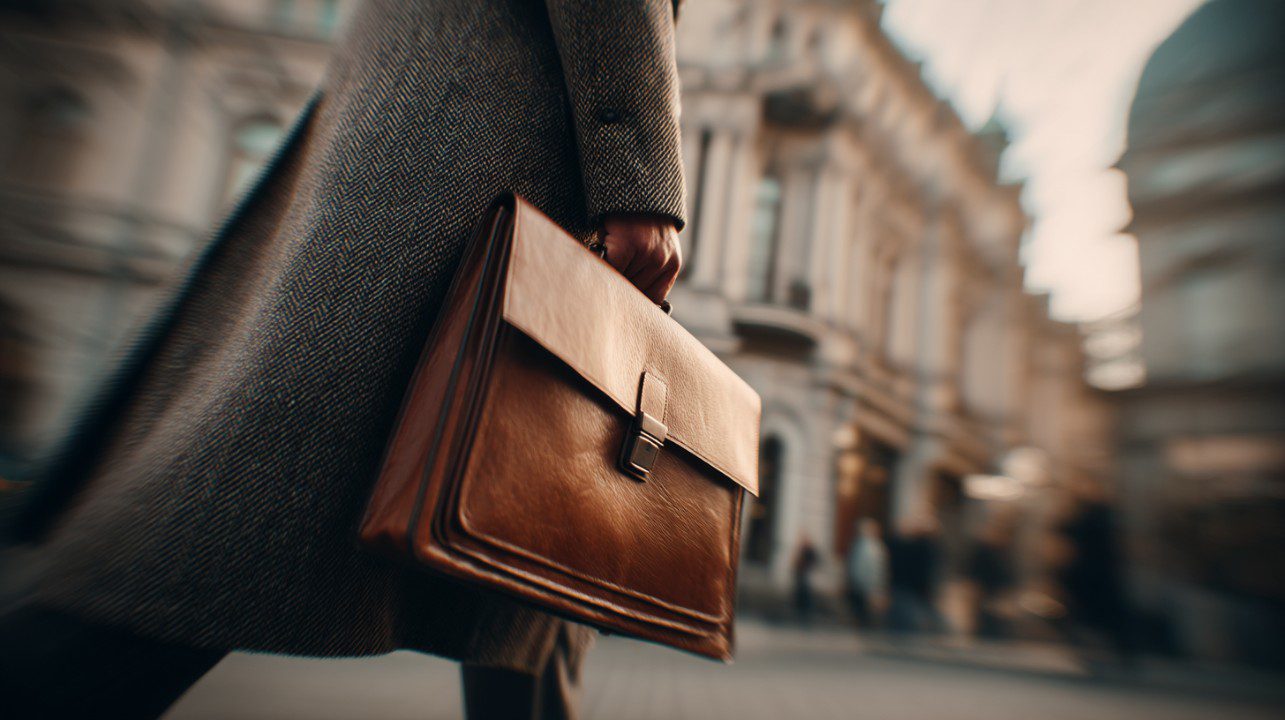 Side view of a professional holding a leather briefcase while walking through a modern urban cityscape in motion blur.