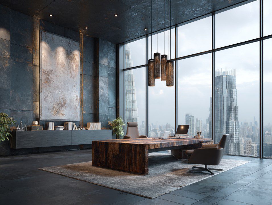 High-end executive office with wooden desk and city skyline visible through large glass windows, modern and elegant decor.