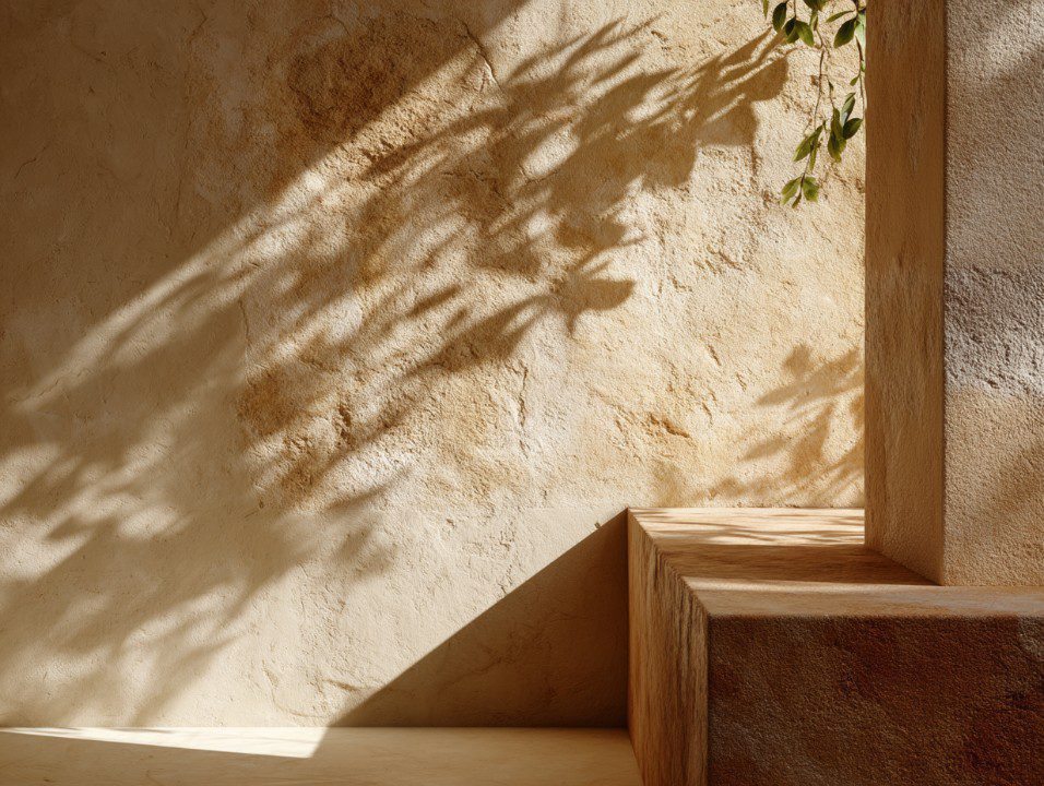 Textured Mediterranean stucco wall with soft sunlight and leaf shadows, creating a warm and minimalist corner setting.