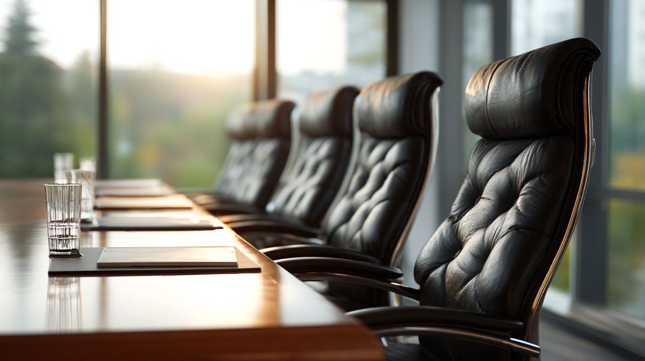 Empty boardroom with elegant leather chairs, glass tumblers, and notepads arranged on a polished table—ideal for corporate and leadership visuals.