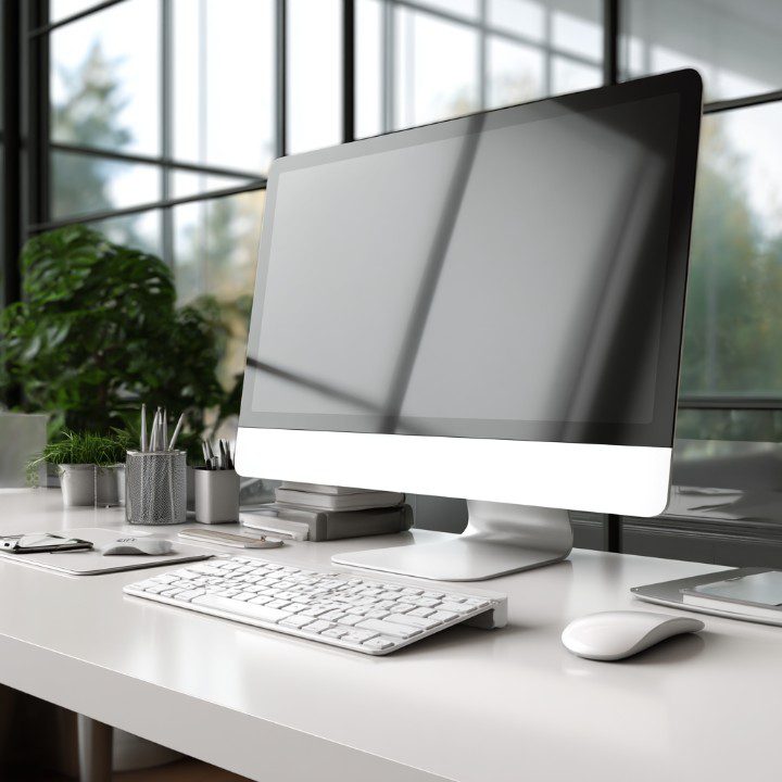 A sleek white desktop computer setup on a tidy desk in a modern, naturally lit office environment with greenery.