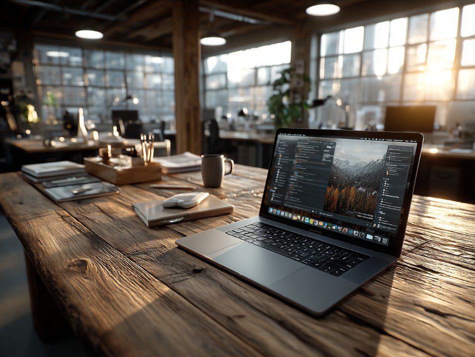 A modern office workspace with a laptop on a rustic wooden desk, surrounded by office supplies and lit by natural light.