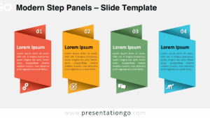 Modern four-step diagram for PowerPoint and Google Slides with a light background, icons, and vertical ribbon-style panels.