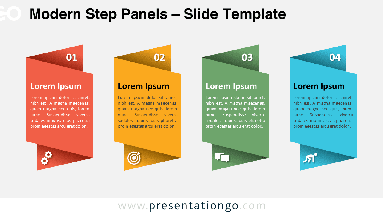 Modern four-step diagram for PowerPoint and Google Slides with a light background, icons, and vertical ribbon-style panels.