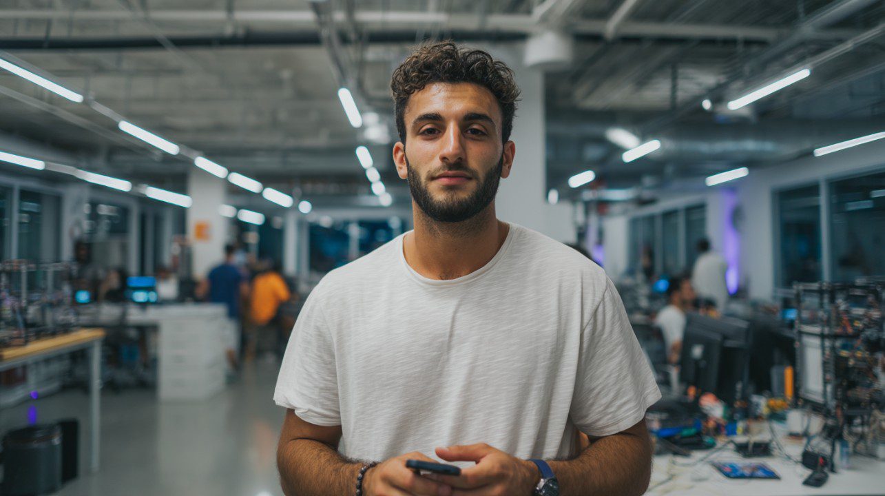 A confident young man in a white shirt standing in a modern open-plan tech office, surrounded by coworkers and computer workstations.