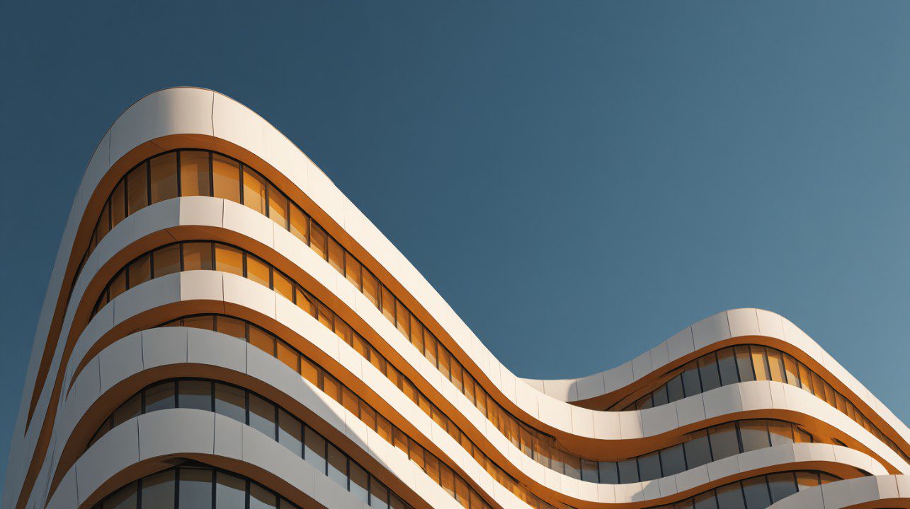 A contemporary building with flowing, wavy lines and white facade captured in warm golden hour light under a clear blue sky.