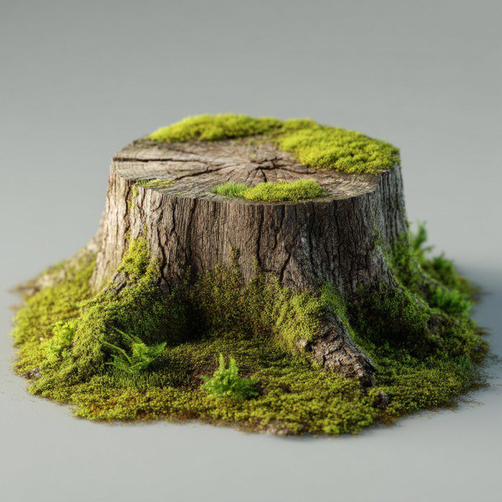 Tree stump covered with vibrant green moss against a clean, neutral background, ideal for eco and nature-themed visuals.