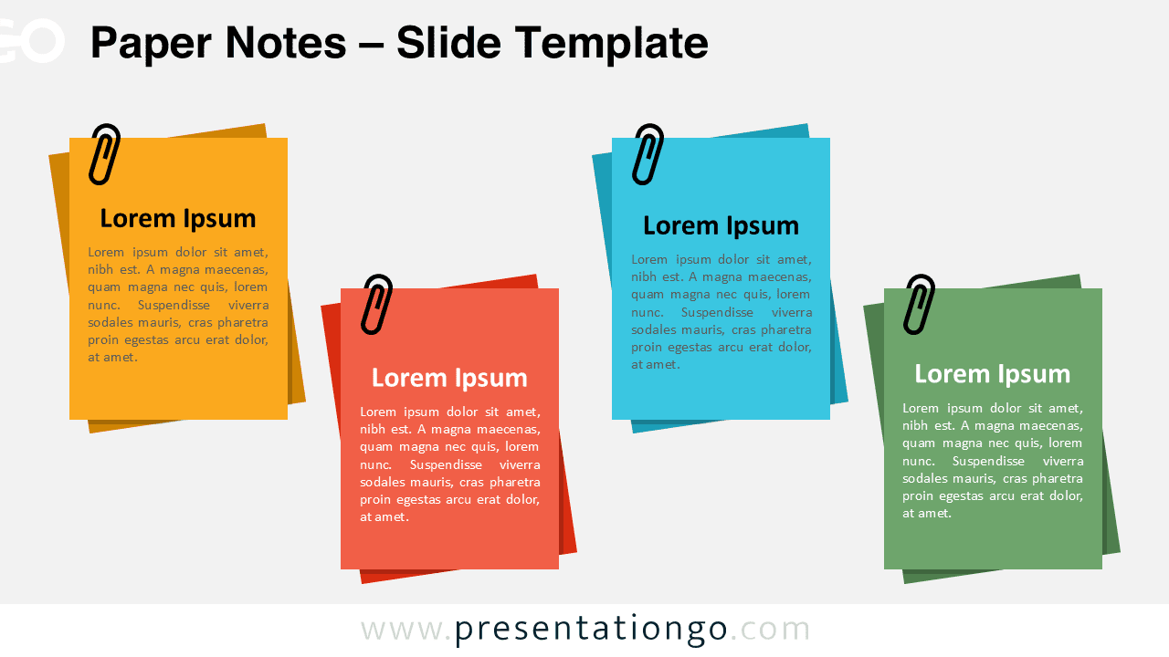 Editable paper notes template for PowerPoint and Google Slides in a light theme with four colorful sticky-style sections.