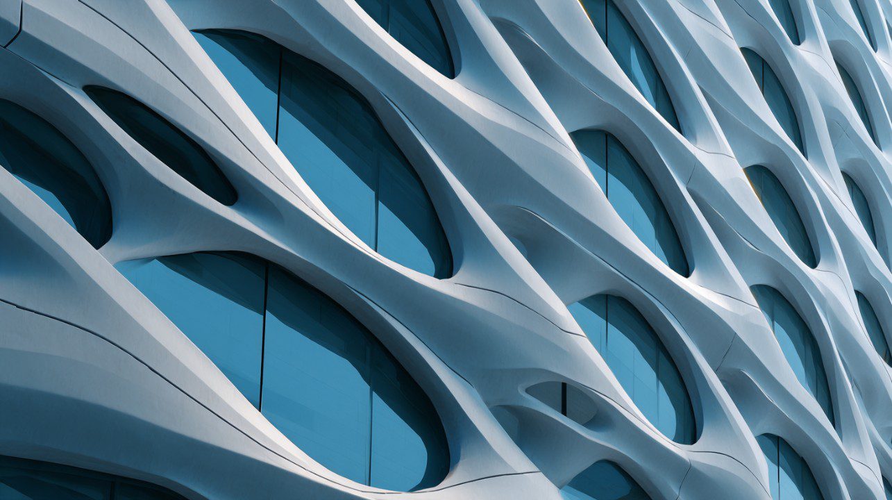 Close-up of a modern parametric building facade with flowing white structures and reflective blue glass windows.