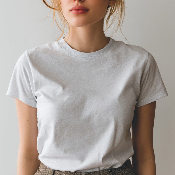 Realistic image of a woman wearing a plain white t-shirt, ideal for apparel branding or mockup use in fashion marketing.