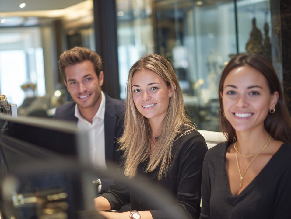 Three confident professionals smiling inside a luxurious office, reflecting teamwork and corporate success.