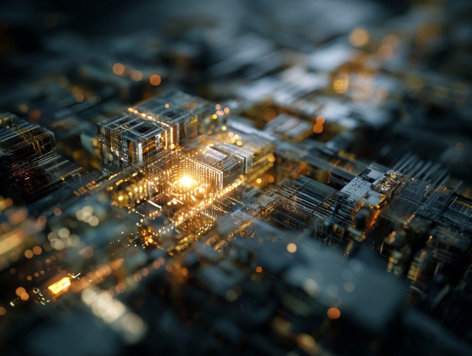 A glowing abstract digital representation of quantum computing with luminous circuitry and a futuristic gold core.