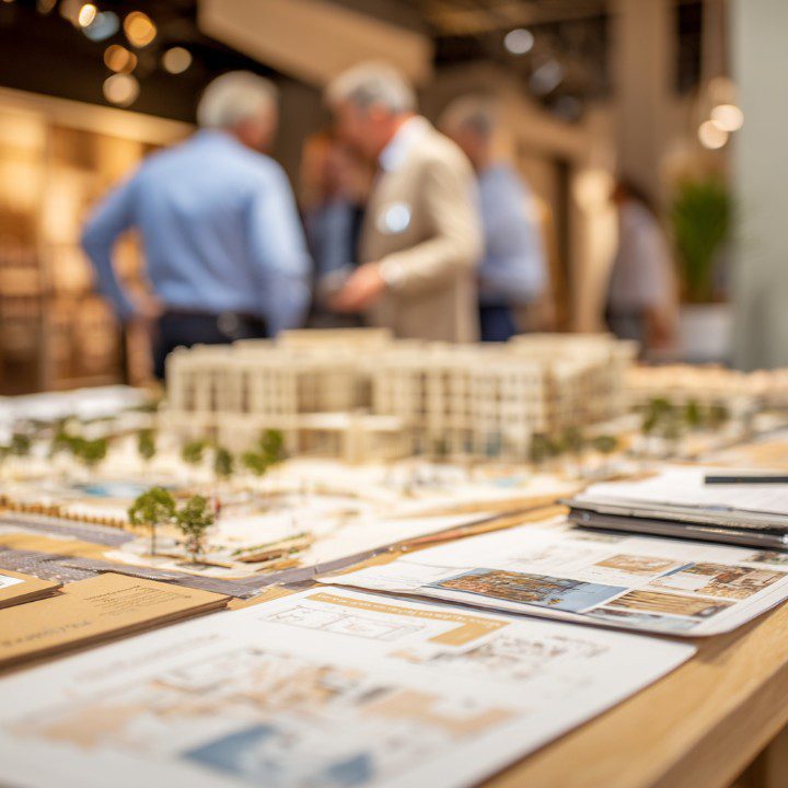 Close-up of a real estate development architectural model on a table with blueprints and team consulting in the background.