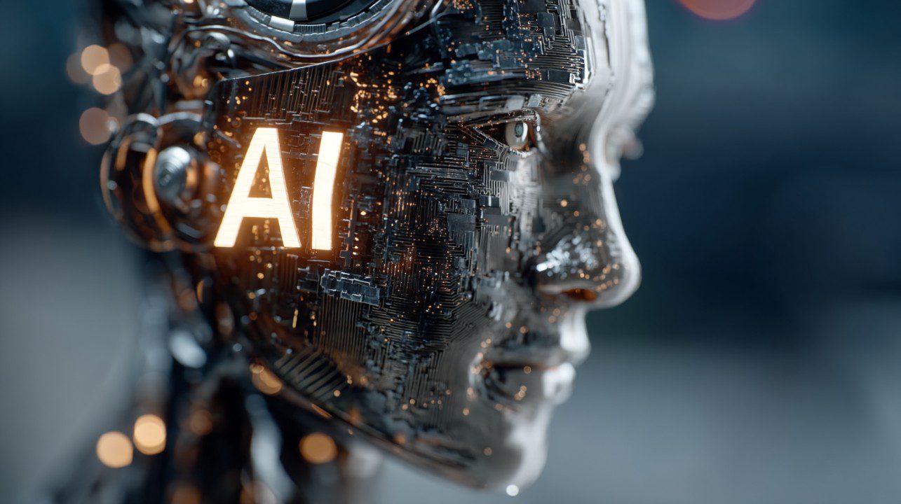 3D robotic face with circuit detailing and glowing “AI” text, representing futuristic technology and artificial intelligence.