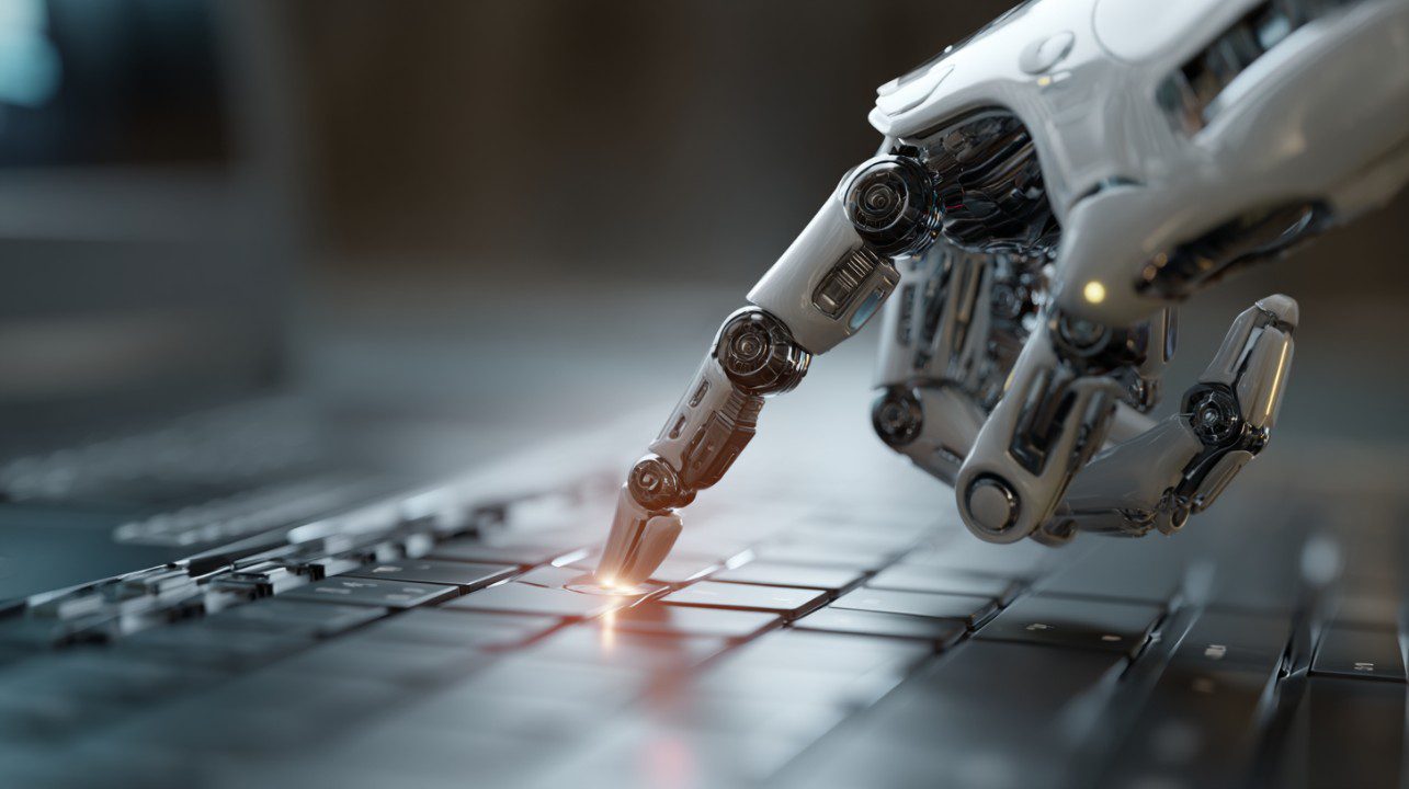 A sleek robotic hand pressing a glowing key on a futuristic keyboard, symbolizing AI-driven technology and human-computer interaction.