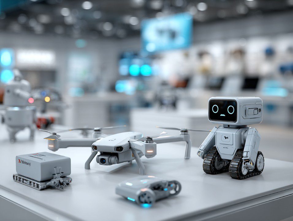 Variety of compact robots and a drone displayed on a table in a modern tech store, with bright lighting and a futuristic layout.