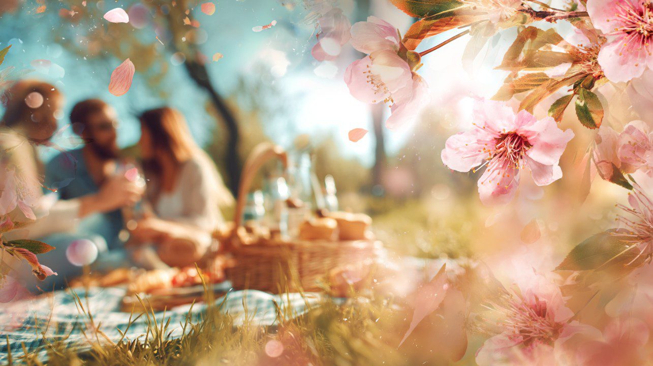 A couple enjoying a spring picnic on a blanket with a basket, surrounded by blossoms and soft warm sunlight.