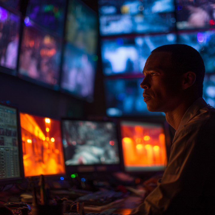 A security analyst monitors multiple surveillance screens in a dark control room, focused on live video feeds and data interfaces.