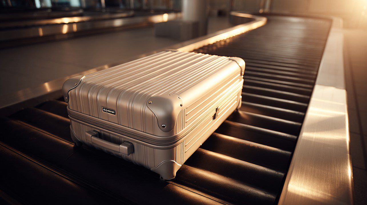 Sleek silver hard-shell suitcase on an airport baggage carousel, illuminated by soft terminal lighting.