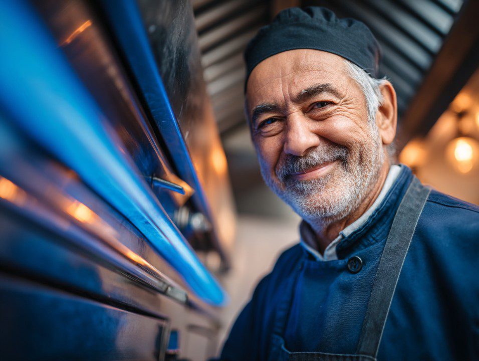 Friendly chef in uniform smiling beside a blue commercial oven in a modern kitchen setting.