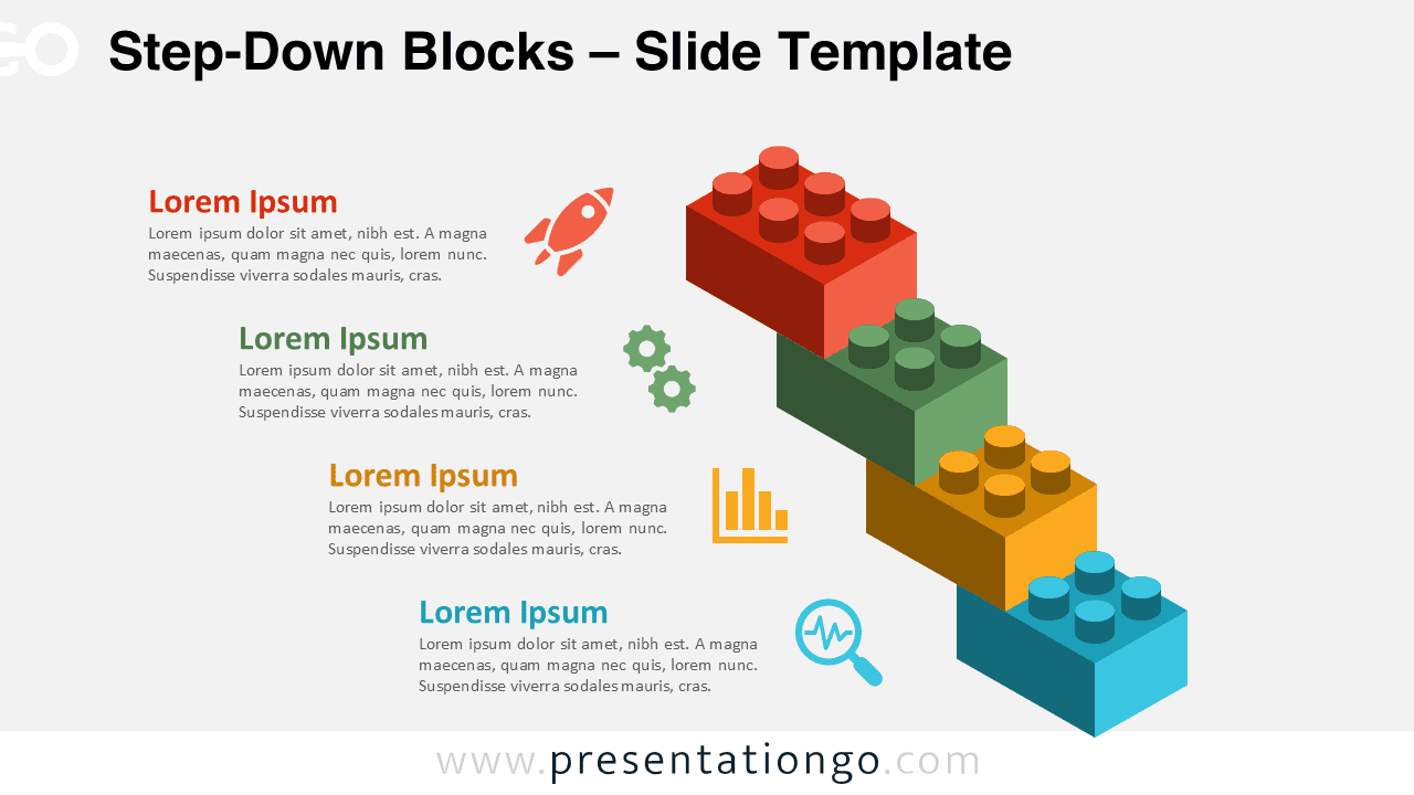 Light-themed widescreen layout of step-down blocks for PowerPoint and Google Slides showing 4 colorful descending process steps.