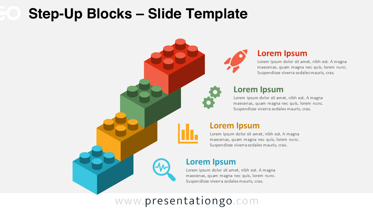 Editable 4-step block diagram with icons and color-coded text areas for Google Slides and PowerPoint on a light background.
