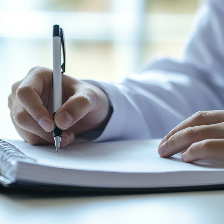 Close-up of a student's hand holding a pen and writing in a lined spiral notebook on a desk in a bright classroom.