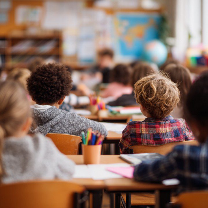 Group of young students sitting at desks in a bright classroom, viewed from behind, surrounded by school supplies and decor.