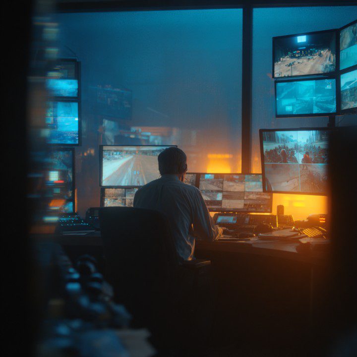 A man sits in a high-tech control room surrounded by multiple surveillance screens displaying live camera feeds in blue and orange tones.