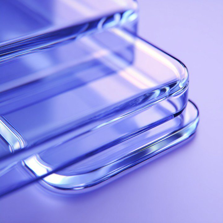 Stacked transparent blue plastic sheets on a pastel purple background, creating a clean and modern abstract composition.