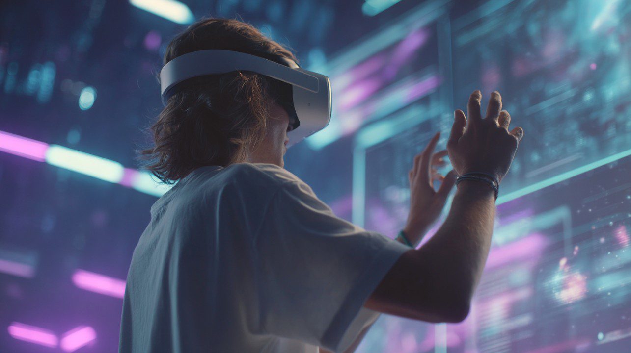 A student wearing a VR headset interacts with a futuristic digital interface in a glowing tech-themed environment.