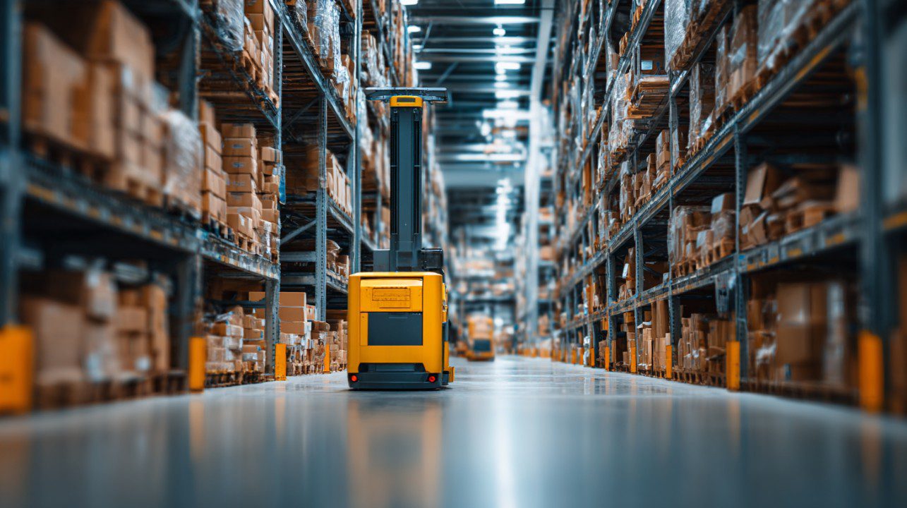 A smart robotic caster moving a box through an aisle in a modern warehouse, symbolizing automated logistics.